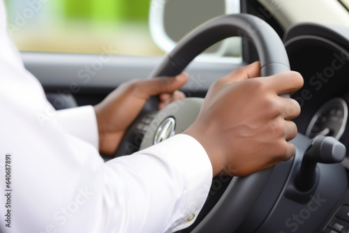 African American male driver's hands on wheel driving high speed movement sitting inside car. Man hold steering wheel over shoulder view transport transportation tourism trip cab taxi businessman work © Yuliia