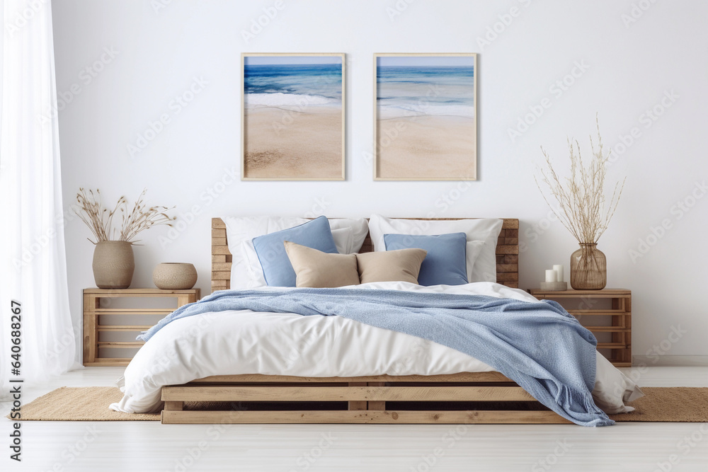 Fototapeta premium Modern nautical bedroom interior. Wooden double bed with pillows, cozy furniture. Abstract light blue sea landscape wall art set of 2 prints on a white wall.