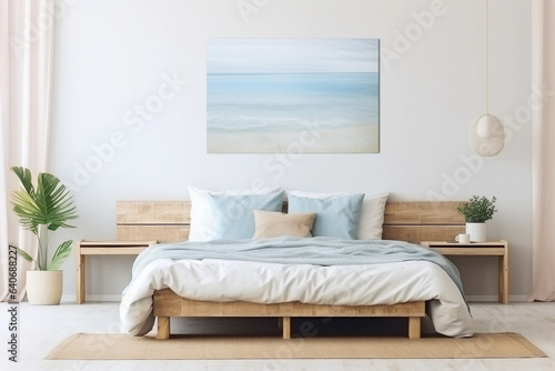 Modern nautical bedroom interior. Wooden double bed with pillows. Abstract light blue wall art on a white wall. © Iryna