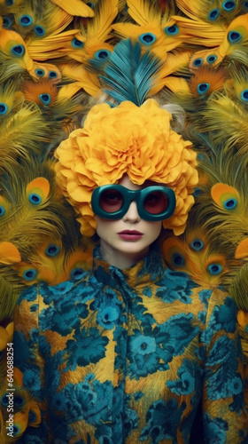 fashion woman beautiful young skin peacock glamour face beauty jungle bird. Generative AI.