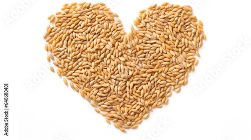 Unpeeled oat grains pile arranged in heart shape isolated.