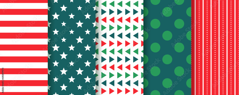 Xmas seamless pattern. Christmas, New year prints. Backgrounds with stripes, stars, triangles and polka dots. Set holiday red green textures. Festive wrapping paper. Vector illustration. Xmas seamless pattern. Christmas, New year prints. Backgrounds with stripes, stars, triangles and polka dots. Set holiday red green textures. Festive wrapping paper. Vector illustration.