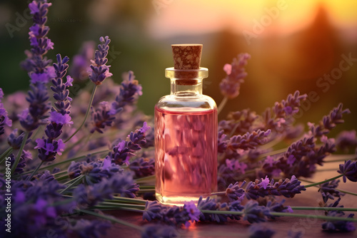 Vial with lavender oil on a natural background