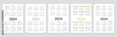 2024 calendar. Set of pocket calenders. Desk planner templates. Yearly grids of organizer with 12 month. Week starts Sunday. Scheduler layout in English. Portrait orientation. Vector illustration.