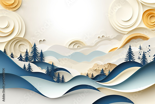 Abstract mountain and tree lanscape  paper cut background.