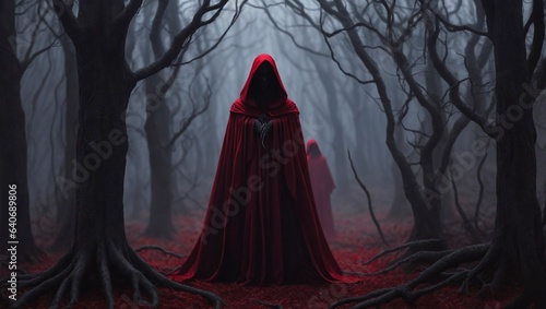 A mysterious witch in red dress cloaked in red chaos energy in the forest with barren trees