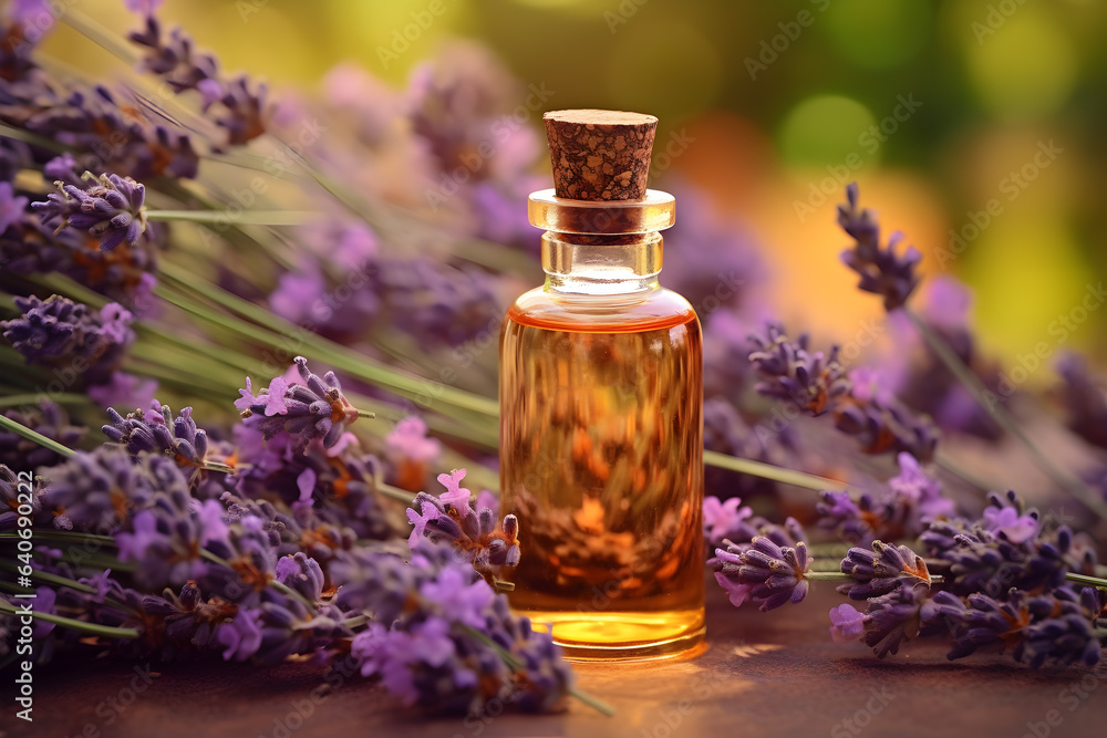 Vial with lavender oil on a natural background Vial with lavender oil on a natural background