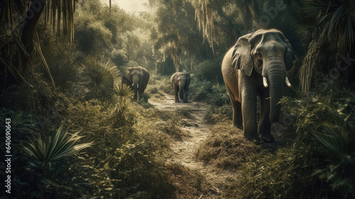 Some elephants walk through the jungle amidst a lot of bushes.