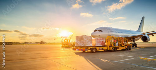 Fotografia Air cargo freighter Logistics import export goods of freight global, Process of handling, Luggage loading with high loader at the Airport