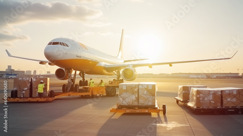 Air cargo freighter Logistics import export goods of freight global, Process of handling, Luggage loading with high loader at the Airport.