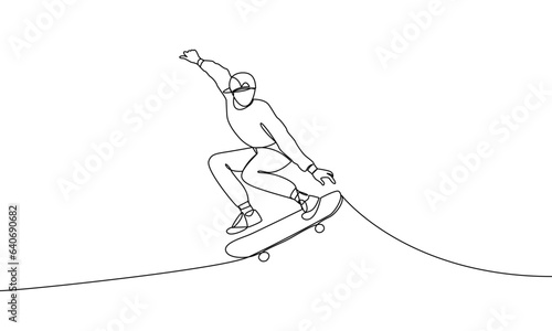 Single continuous line drawing of a young man doing a skateboard jump trick. Sports, skateboarding. Extreme sport, freestyle. One line vector illustration