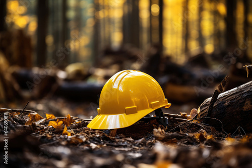 Yellow Hard Hat Background Construction Site Labor against the backdrop of the forest ai generated