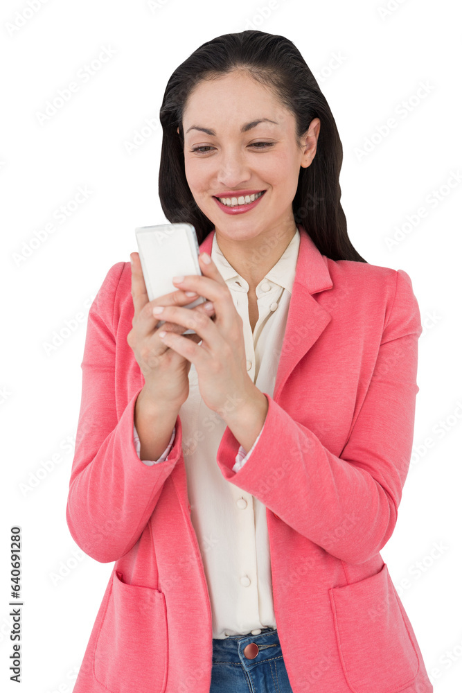 Digital png photo of caucasian woman using smartphone on transparent background Digital png photo of caucasian woman using smartphone on transparent background