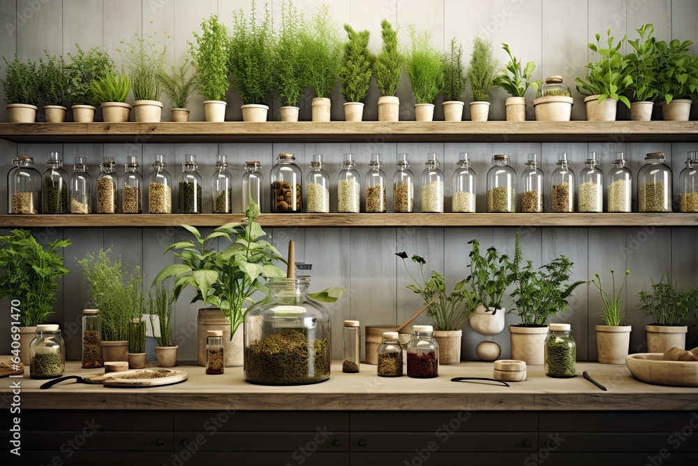 Herbal apothecary aesthetic. Jars with dry herbs and flowers on a beige background in the interior. With Generative AI technology Herbal apothecary aesthetic. Jars with dry herbs and flowers on a beige background in the interior. With Generative AI technology