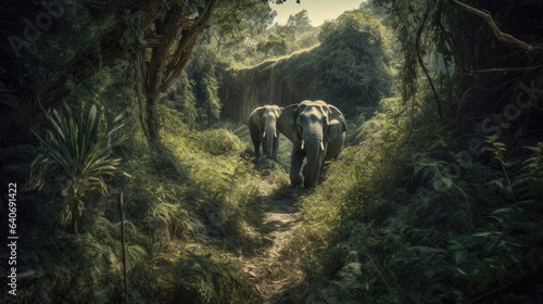 Some elephants walk through the jungle amidst a lot of bushes.
