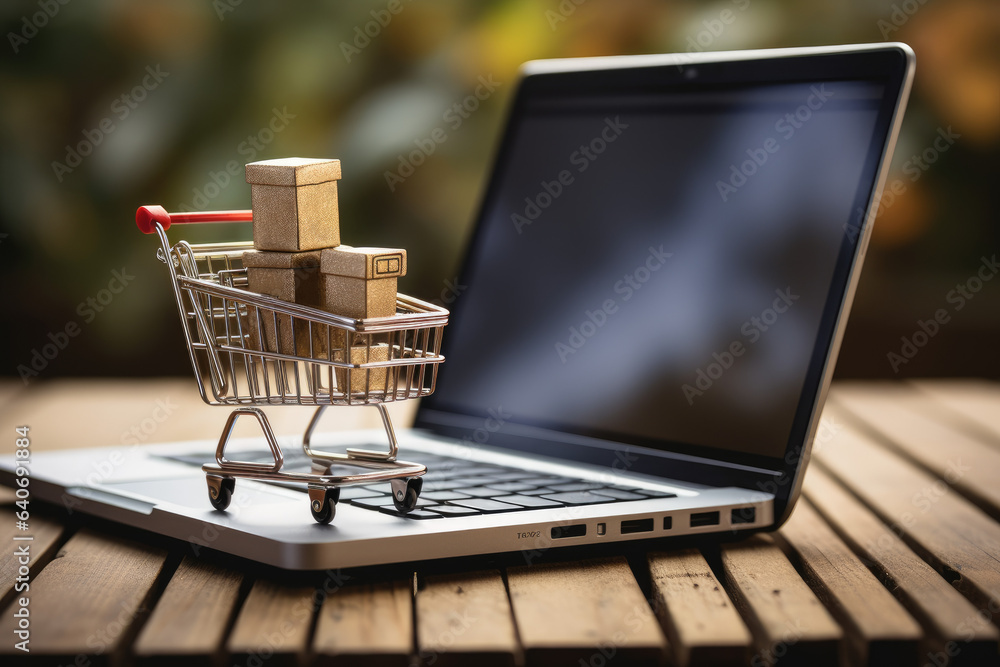 Small cart stands on a table near an open laptop with Buying groceries online concept.