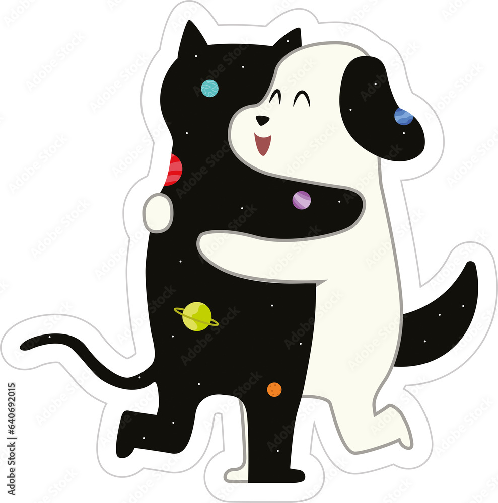Fototapeta premium Digital png illustration of hugging cat and dog on transparent background