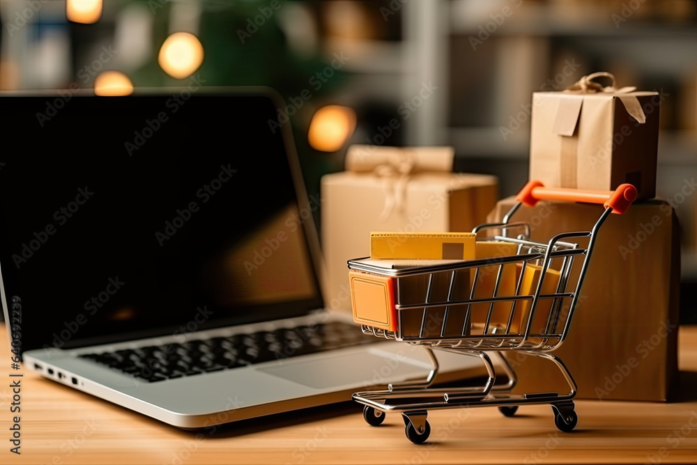 Small cart stands on a table near an open laptop with Buying groceries online concept.