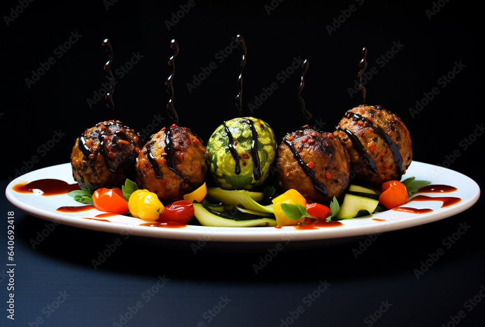 meatball patties roasted pepper and courgettes food Stock Illustration