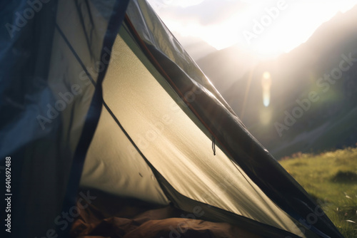 This mountain view with a tent pitched in the foreground is perfect for showcasing the essential gear and equipment needed for a successful camping and hiking trip. AI Generative.