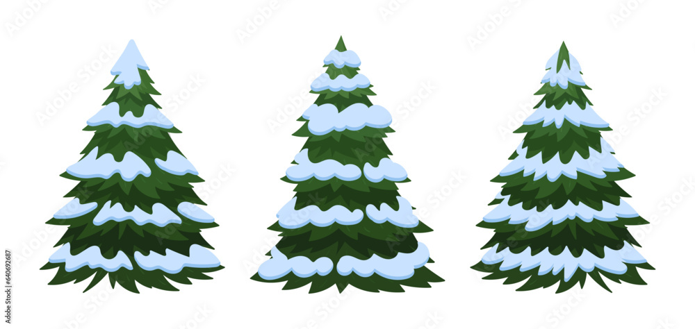 Christmas trees. Cartoon Xmas green fir trees covered with snow flat vector illustration. Winter Holiday elements collection