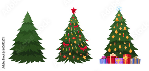 Christmas fir trees. Cartoon decorated green xmas trees. Winter holiday flat vector illustration set. Christmas fir trees collection