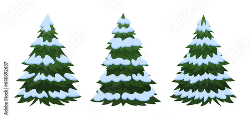 Christmas trees. Cartoon Xmas green fir trees covered with snow flat vector illustration. Winter Holiday elements collection photo