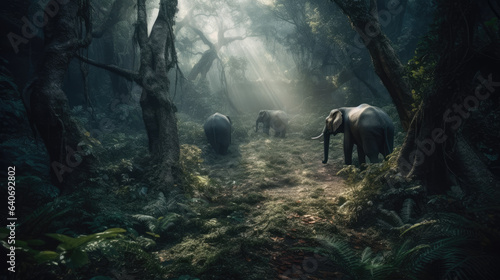 Some elephants walk through the jungle amidst a lot of bushes.