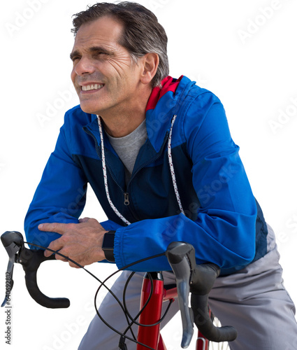 Digital png photo of caucasian man with bicycle on transparent background