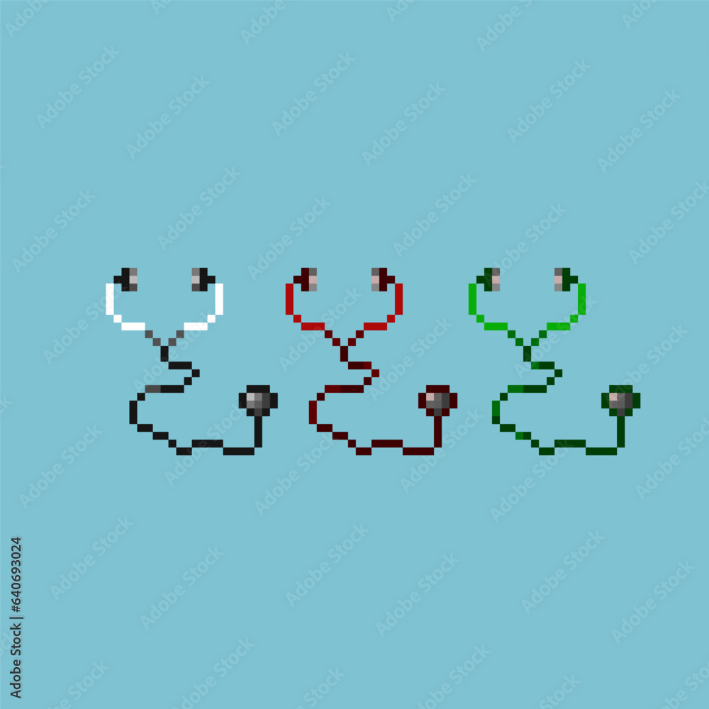 Pixel art sets of stethoscope for medicine health items. white,red,and