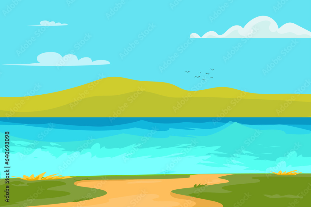 flat design lake scenery with mountain background beach landscape