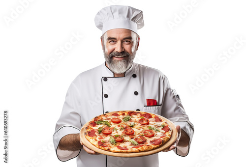 Middle-aged chef holding a big delicious pizza, cut out