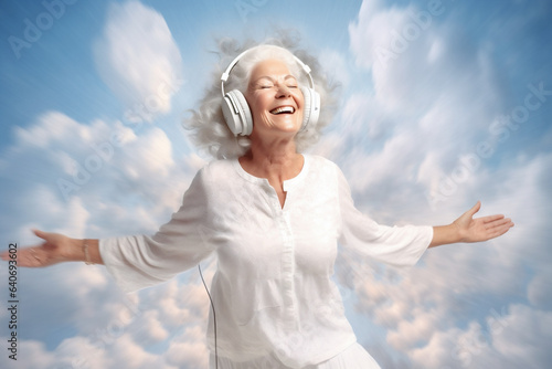 Cheerful yoga old beautiful woman in white dress with headphones, smiling and jumping while listening to music against light heaven background, AI Generated