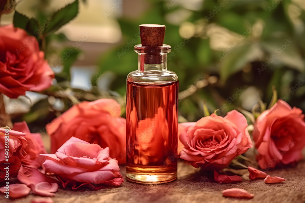 Vial with rose oil on a natural background - obrazy, fototapety, plakaty 