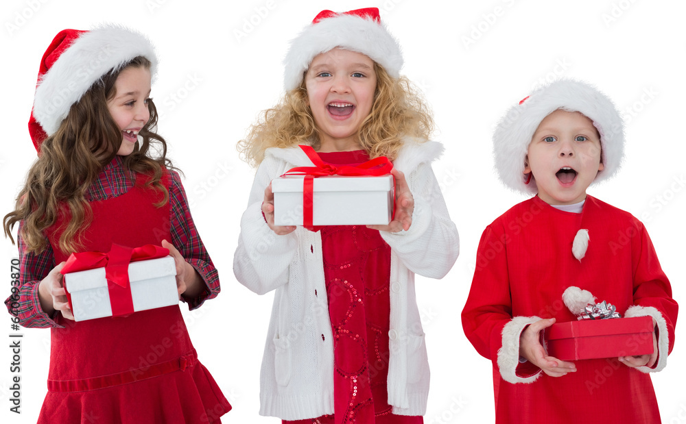 Digital png photo of caucasian children with christmas presents on transparent background