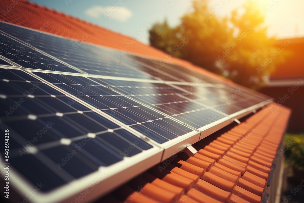 solar panel installation on a rooftop. Generative AI. - obrazy, fototapety, plakaty 