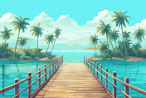 wooden bridge direction water tropical summer vacation palm trees illustration