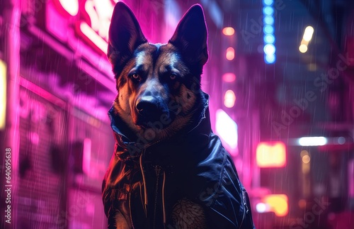 Dog in the cyberpunk city © dreamdes