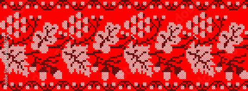 Vector illustration of Ukrainian ornament in ethnic floral style with oak and grape leaves and acorns, bunches of grapes, identity, vyshyvanka, embroidery for websites, banners. Background