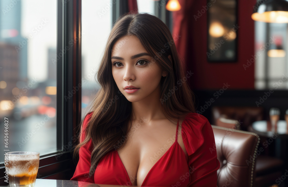 custom made wallpaper toronto digitalAttractive single girl wearing a red dress, sitting alone in a big city cafe waiting for her date, living her stylish single life