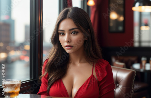 Obraz na płótnie Attractive single girl wearing a red dress, sitting alone in a big city cafe waiting for her date, living her stylish single life w salonie