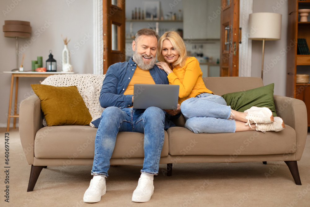Senior Spouses Using Laptop Watching Movie Together On Computer Indoor