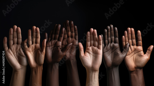 People with different skin colors against dark backgruound. The concept of diversity and equality. Created with Generative AI technology.