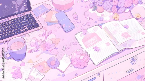 a beautiful japanese room at sunset anime cartoonish artstyle. cozy lofi asian architecture, aesthetic wallpaper for mobile phone, pink, green and purple pastel colors, window, table