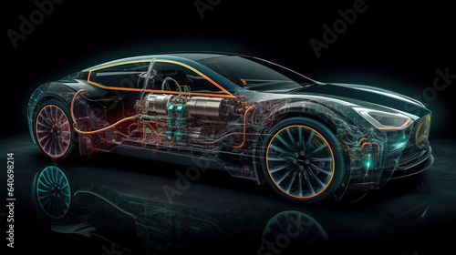 Illustration of a cross section of an electric car, with cables, motors and electrical elements on a dark background. Generative AI