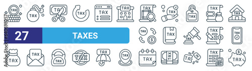 Canvas Print set of 27 outline web taxes icons such as coin, deadline, deduction, tax payment, book, mail, calendar, piggy bank vector thin line icons for web design, mobile app