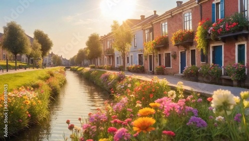 canal with small houses on the bank and different colors flowers on canal side grass and sunlight shining.