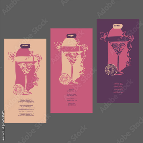 Drinks menu. Cocktail. Set. Muted colors. List, banner, booklet, flyer, brochure. Layout for outdoor restaurant, pool bar, cafe on the beach.