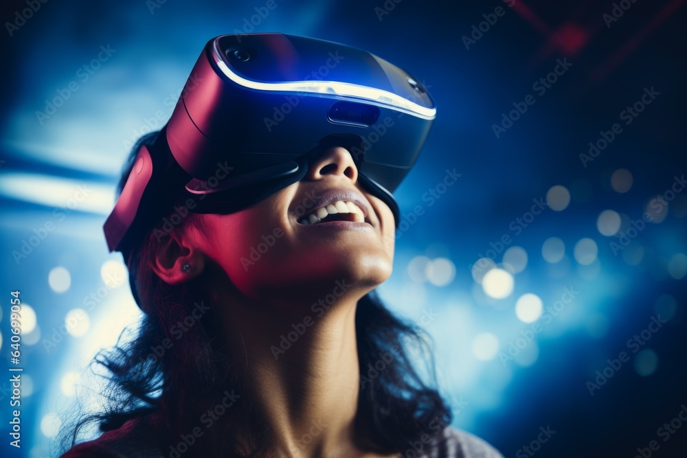 Woman girl gamer lady female computer technology VR headset 3d virtual reality goggles exploration metaverse modern advanced future progress cyber game experience gaming in neon ultraviolet background Woman girl gamer lady female computer technology VR headset 3d virtual reality goggles exploration metaverse modern advanced future progress cyber game experience gaming in neon ultraviolet background