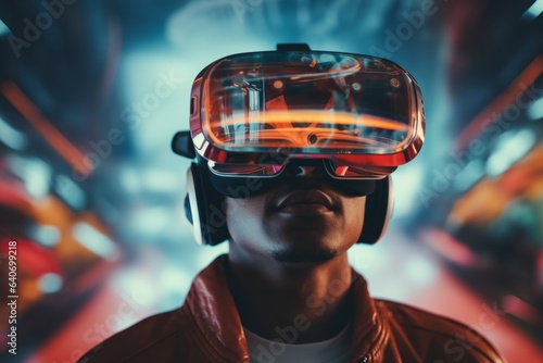 African American man guy gamer male user computer technology VR headset 3d virtual reality goggles exploration metaverse modern future cyber game experience world gaming in neon ultraviolet background
